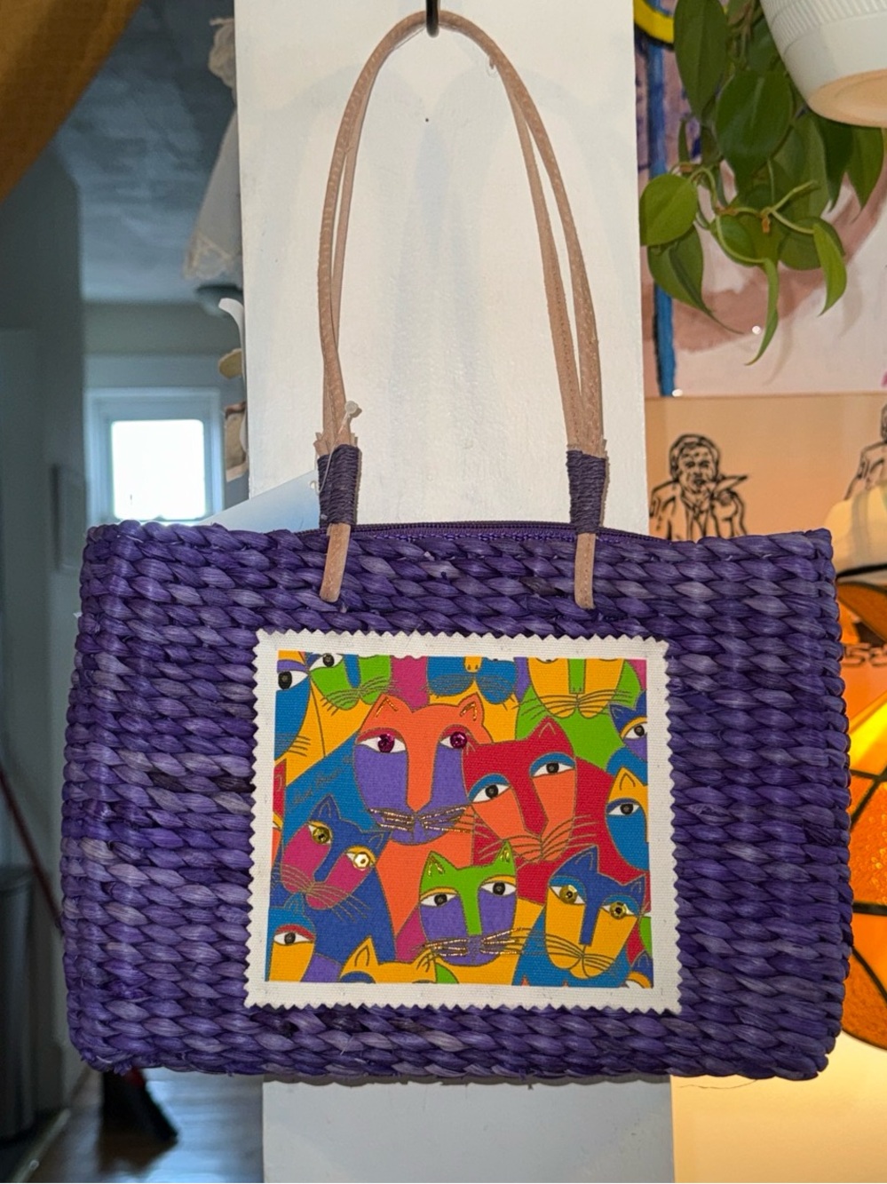 Woven hand bag with Laurel Burch design